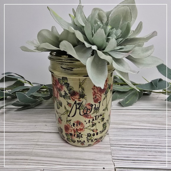 Hand Painted Mason Jar Flower Vase Cottage Chic Farmhouse Decor Roses - Picture 1 of 6